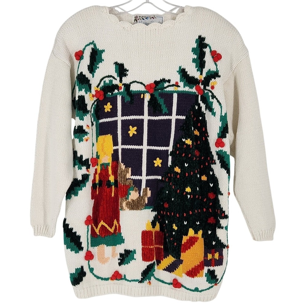 Golden Touch Women's XL Needlepoint Christmas Cable Knit Sweater Scallop Neck